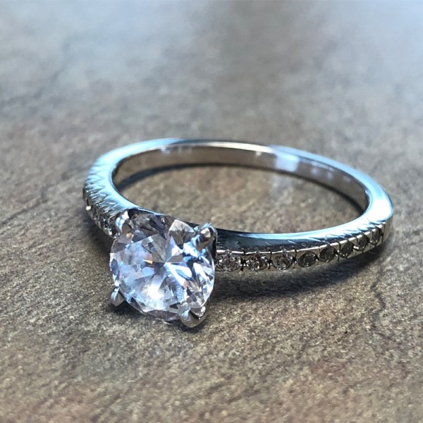 14K White Gold Round Diamond Engagement Ring with Diamond Accents
